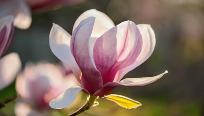 Fototapeta premium a close up captures the delicate beauty of a pink and white magnolia flower in bloom
