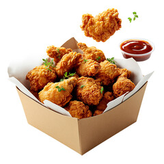 A Box of Crispy Fried Chicken with Dipping Sauces Isolated on Transparent Background