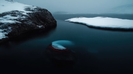 Obraz premium Frozen arctic waters.?Misty, dark landscape of icy rocks and a body of water