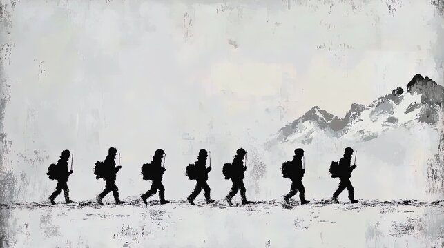 endurance and teamwork: a captivating poster capturing recruits training in a snowy landscape, perfect for inspiring sports interiors