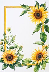 Watercolor sunflower frame, gold border, botanical design, blank space for text