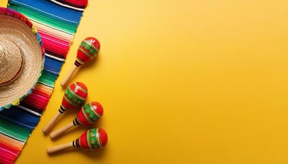 cinco de mayo holiday background made from maracas mexican blanket stripes or poncho serape and hat on yellow background