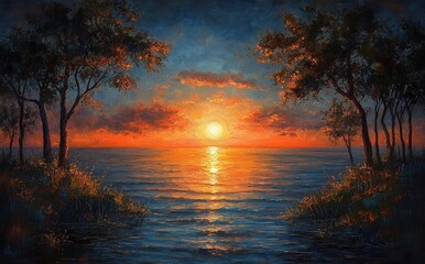 Sunset over Ocean Illuminated by Pine Trees on Sardinia Beach