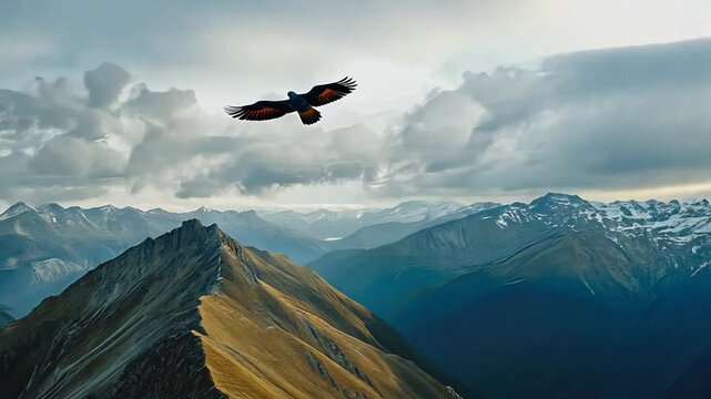 Majestic eagle soaring over rugged mountain landscape under dramatic sky and clouds, capturing beauty of nature and wildlife in breathtaking aerial scenery, symbolizing freedom.