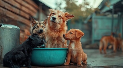 joyful paws: a heartwarming poster showcasing rescue animals playing together in a shelter - promoting animal welfare and adoption advocacy