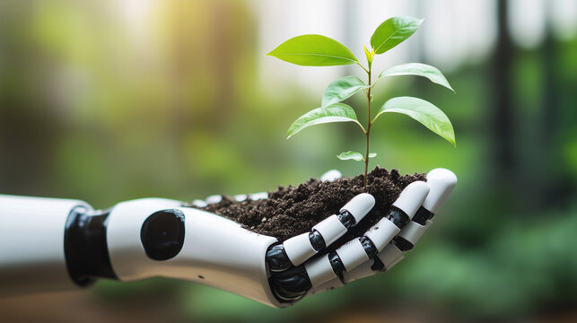 A futuristic AI-powered robotic hand gently holding a small green plant, symbolizing technology and sustainability in a digital future.