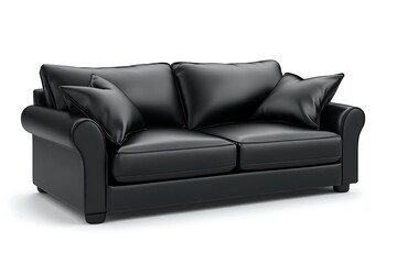 Fototapeta premium Black leather sofa with pillows against white backdrop for catalog, interior design, or home use