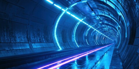 A sci-fi-inspired hyperspace tunnel with streaks of blue and purple light