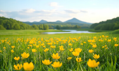Fototapeta premium Scenic Landscape with Yellow Flowers and Mountains in Background