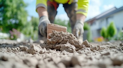 Naklejka premium Construction worker placing brick in mortar mix