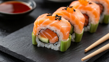 A close-up of a sushi plate featuring fresh salmon and avocado rolls, served with soy sauce and wasabi on a dark stone surface.