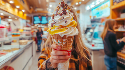 Delicious soft serve ice cream cone topped with chocolate sprinkles in a vibrant dessert shop
