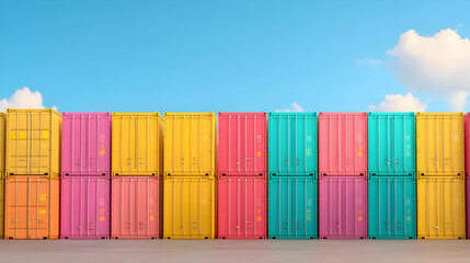 Colorful Cargo Containers at Scenic Port with Blue Sky and Clouds