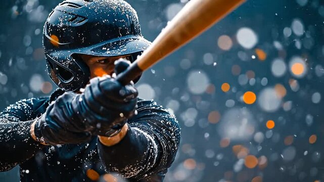 Baseball player hitting in snowy weather. Possible use Sports action photo