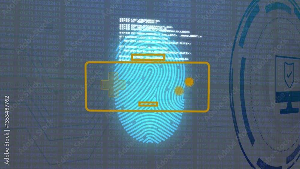 Poster Animation of fingerprint and digital security symbols over binary code background