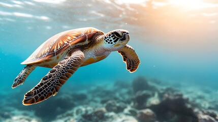 Obraz premium Graceful Sea Turtle Swimming Freely Underwater in Vibrant Ocean Scene