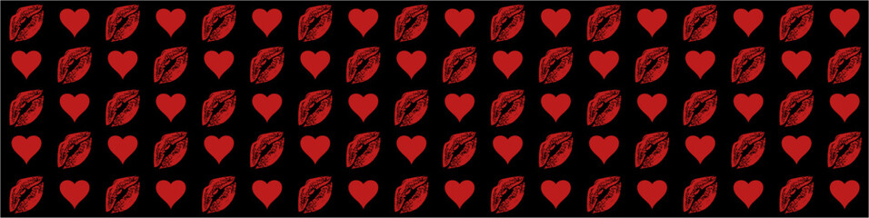 Seamless frame vector background pattern featuring red kiss prints and heart shapes. Perfect for romantic, Valentine’s Day, love themed, and fashion designs. High resolution and stylish.