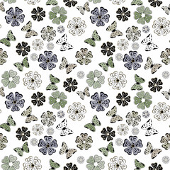 Seamless retro floral pattern with butterflies on white background.