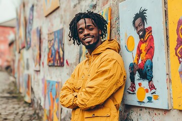 Happy artist near colorful artwork.
