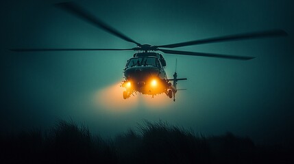 Night helicopter flight low-level approach.