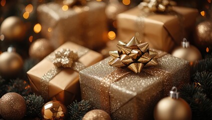 Golden Gift Boxes with Shiny Ribbons and 2025 Celebrations for Christmas and New Year