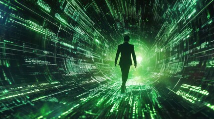 Fototapeta premium Silhouette walking through a digital code vortex, concept of future technology and virtual space
