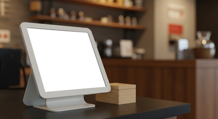Modern White POS Terminal with Blank Screen Display on Dark Counter in Trendy Coffee Shop Setting, Mockup
