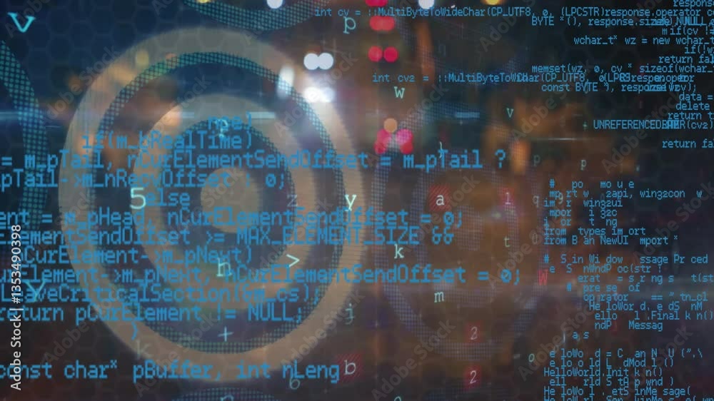 Poster digital code overlaying animation on technology background with cybercrime text