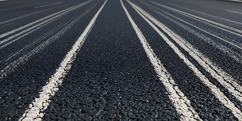 A straight road with freshly painted white lane markings stretching into the distance. The textured asphalt surface contrasts with the crisp lines, creating a sense of depth and movement.

