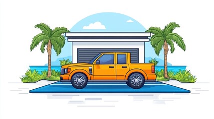 Orange pickup truck parked at a beachside garage