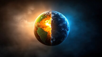 Fototapeta premium A striking image of Earth, split into two halves: one side depicting flames and destruction, the other showcasing serene blue and green landscapes, climate activist.