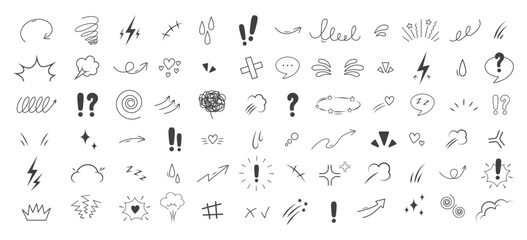 Anime Emotion effect. Doodle manga icons. Idea and exclamation symbol. Pop art clipart. Scribble vector illustration.