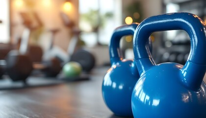 Two blue kettlebells on a wooden floor, representing a fitness space for crossfit and bodybuilding workouts