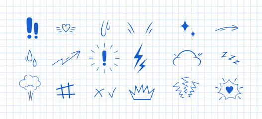 Anime Emotion effect. Doodle manga icons. Idea and exclamation symbol. Pop art clipart. Scribble vector illustration on checkered notebook sheet.