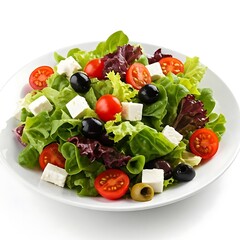  A colorful salad with mixed greens  cherry tomatoes feta cheese  olives  and a balsamic dressing.