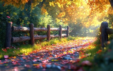 rustic wooden fence surrounded by dry brown autumn leaves in a wild garden with vibrant foliage