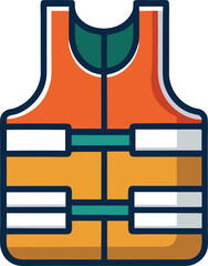 Vector illustration of life jacket with green straps, A vector illustration of a life jacket with an orange body and green straps, symbolizing safety and flotation for water activities.
