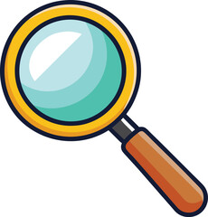 Vector illustration of magnifying glass, A vector illustration of a magnifying glass with a yellow frame and wooden handle, symbolizing search, investigation, and exploration.
