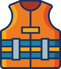 Vector illustration of orange life jacket with straps, A vector illustration of an orange life jacket with blue and yellow straps, designed for water safety and emergency situations.
