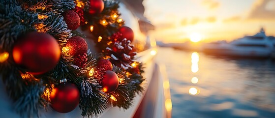 Decorated Christmas wreath with festive lights on a boat at sunset
