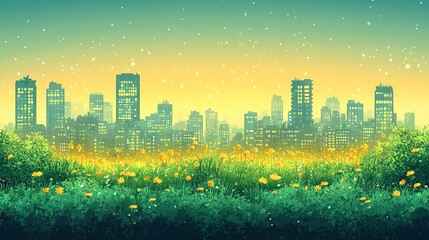 Cityscape at dawn, vibrant meadow in pixel art style