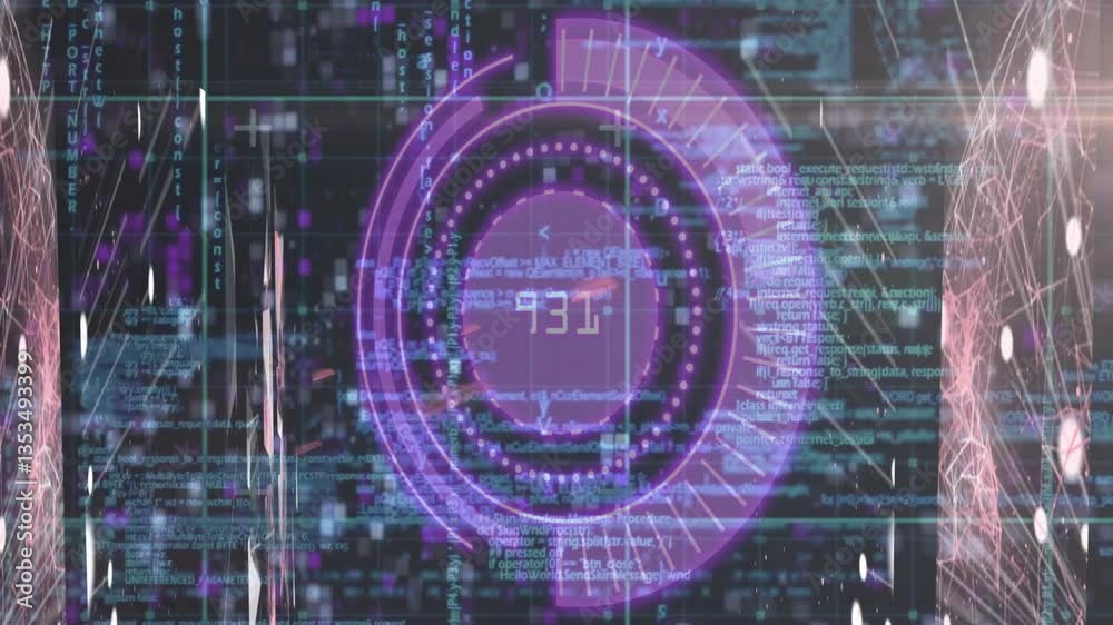 Poster displaying number 373, digital interface with animation and purple circular graphics