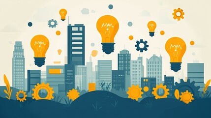 Innovation in urban development.  Modern cityscape with floating lightbulb ideas and gears representing progress and technological advancement