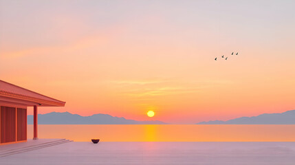 Serene Sunrise View from Temple Steps Over Calm Water and Mountains