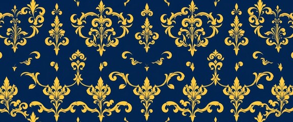 Elegant navy blue and gold ornamental seamless vector patterns, perfect for luxury branding, decorative, paisley