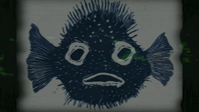 Glitch fish fugu grunge green 4k cartoon comic animation Japanese style vector illustration weird creepy funny fish face warped experimental dark green for vj loops dj dance music video clip trippy