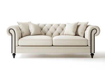 Obraz premium Cream colored button tufted sofa with pillows isolated on white background