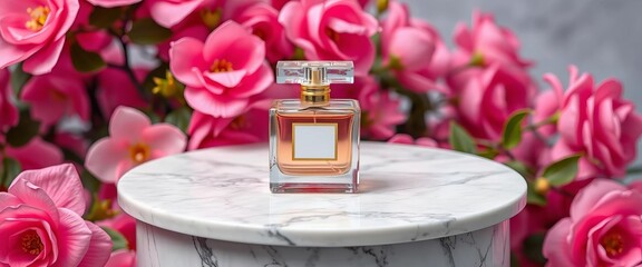 Elegant perfume bottle on marble pedestal, pink flowers backdrop, aesthetic, pink flowers