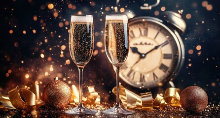 New Year's Eve Celebration with Champagne Glasses Bokeh Clock Festive Sparkles Ribbons