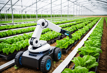 agriculture robot in greenhouse, future 5g technology, autonomous farming concept